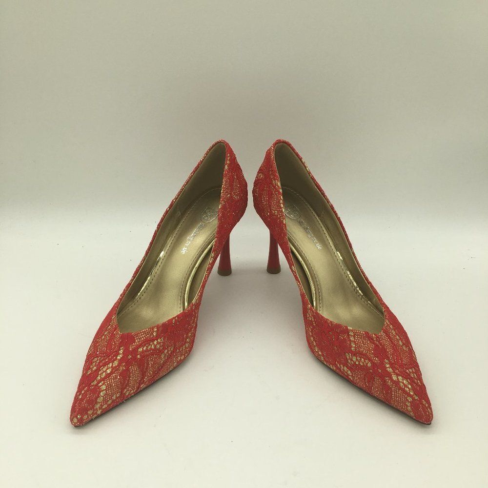 Red Women Sexy Lace Pointed Toe Mid Heels Wedding Bride Shoes